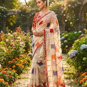 Off White Multicolour Checks Viscose Saree with Mirror Border - Image 5