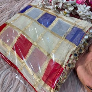 Off White Multicolour Checks Viscose Saree with Mirror Border - Image 2
