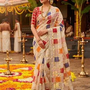 Off White Multicolour Checks Viscose Saree with Mirror Border