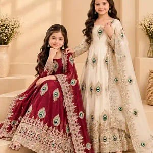 Premium Kids Fendy Silk Embroidered Gown Set - Image 9