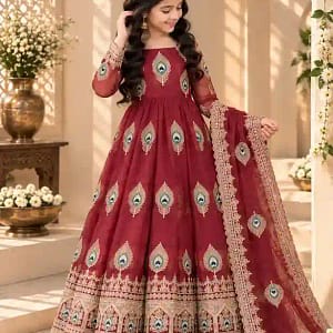 Premium Kids Fendy Silk Embroidered Gown Set - Image 6