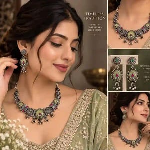 Premium Oxidised Silver Necklace & Earring Set - Image 19