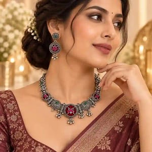 Premium Oxidised Silver Necklace & Earring Set - Image 18