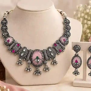 Premium Oxidised Silver Necklace & Earring Set - Image 16