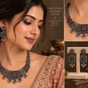 Premium Oxidised Silver Necklace & Earring Set - Image 15