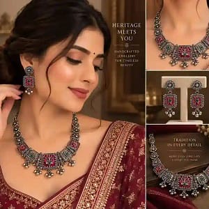 Premium Oxidised Silver Necklace & Earring Set - Image 13