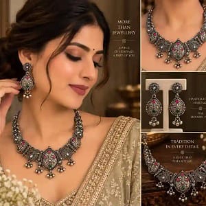 Premium Oxidised Silver Necklace & Earring Set - Image 12