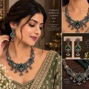 Premium Oxidised Silver Necklace & Earring Set - Image 11
