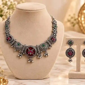 Premium Oxidised Silver Necklace & Earring Set - Image 3