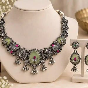 Premium Oxidised Silver Necklace & Earring Set - Image 4