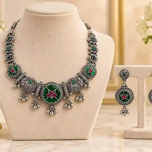Premium Oxidised Silver Necklace & Earring Set - Image 5