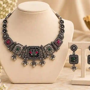 Premium Oxidised Silver Necklace & Earring Set - Image 6