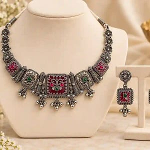 Premium Oxidised Silver Necklace & Earring Set - Image 7