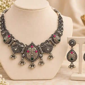 Premium Oxidised Silver Necklace & Earring Set - Image 8