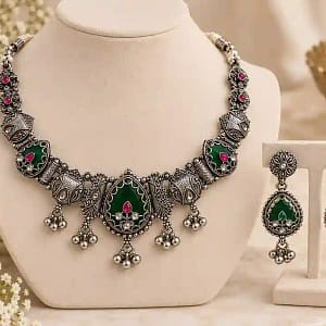 Premium Oxidised Silver Necklace & Earring Set - Image 9