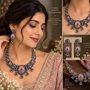 Premium Oxidised Silver Necklace & Earring Set - Image 10