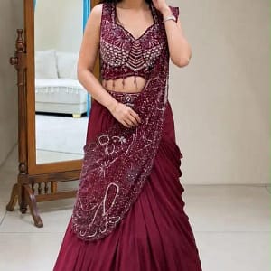 Trending Rangoli Silk Lehenga Style Saree with Embroidered Blouse