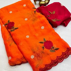 Designer Embroidered Organza Feel Silk Saree - Image 9