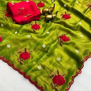 Designer Embroidered Organza Feel Silk Saree - Image 6