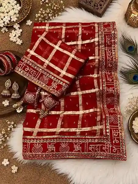 Karwa Chauth Checks Viscose Saree with Foil Work 4 Karwa Chauth Checks Viscose Saree with Foil Work - Image 4