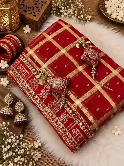 Karwa Chauth Checks Viscose Saree with Foil Work 3 Karwa Chauth Checks Viscose Saree with Foil Work - Image 3