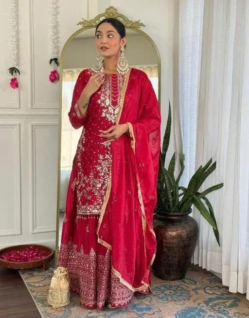 Red Bangalore Silk Kurta & Skirt Set 1 Red Bangalore Silk Kurta & Skirt Set