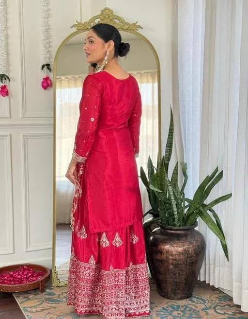 Red Bangalore Silk Kurta & Skirt Set 4 Red Bangalore Silk Kurta & Skirt Set - Image 4