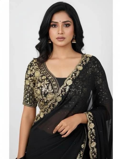 Black Banglori Silk Saree with Sequin Work Blouse 1 Black Banglori Silk Saree with Sequin Work Blouse
