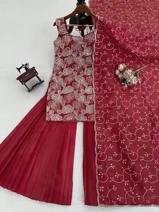 Simmer Silk Thread & Sequin Sharara Suit Set