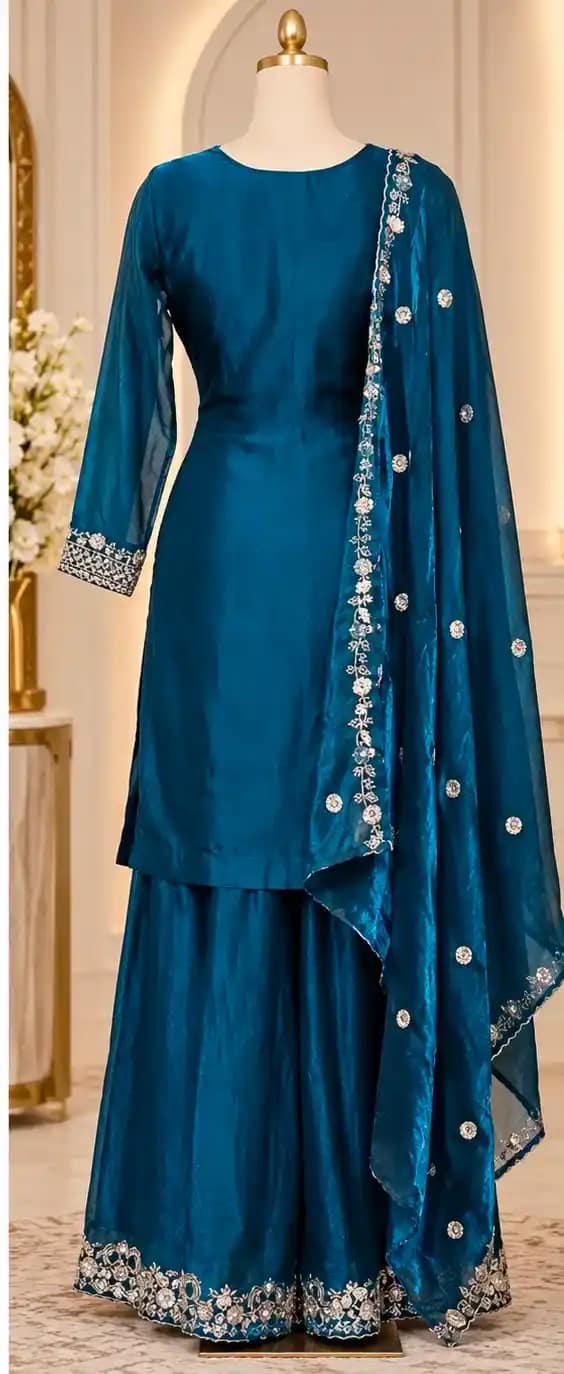 Elegant Teal Blue Fendy Silk Embroidered Sharara Suit Set - Image 6
