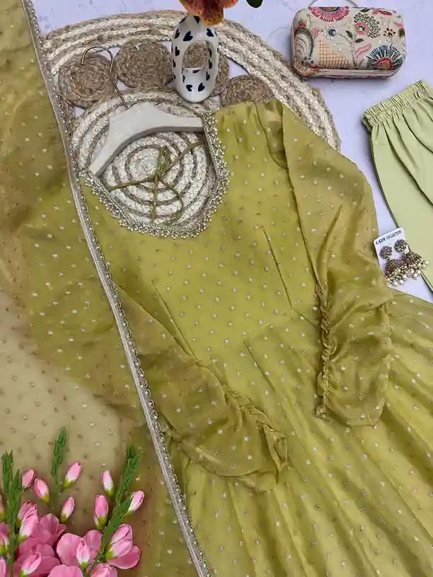 Moss Butti Silk Mirror Work Gown Set 14 Moss Butti Silk Mirror Work Gown Set - Image 14