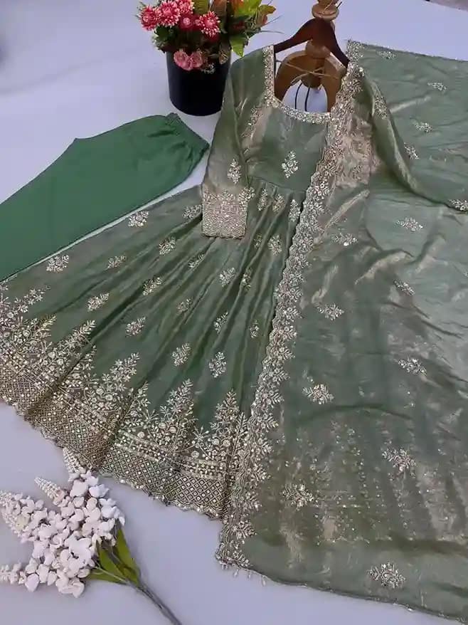 Designer Fendy Silk Gown with Sequin Embroidery Dupatta 2 Designer Fendy Silk Gown with Sequin Embroidery Dupatta - Image 2
