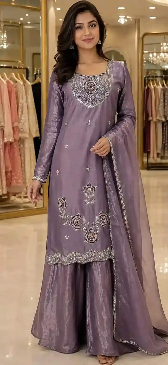 Embroidered Fendy Silk Kurti Sharara Set - Image 10
