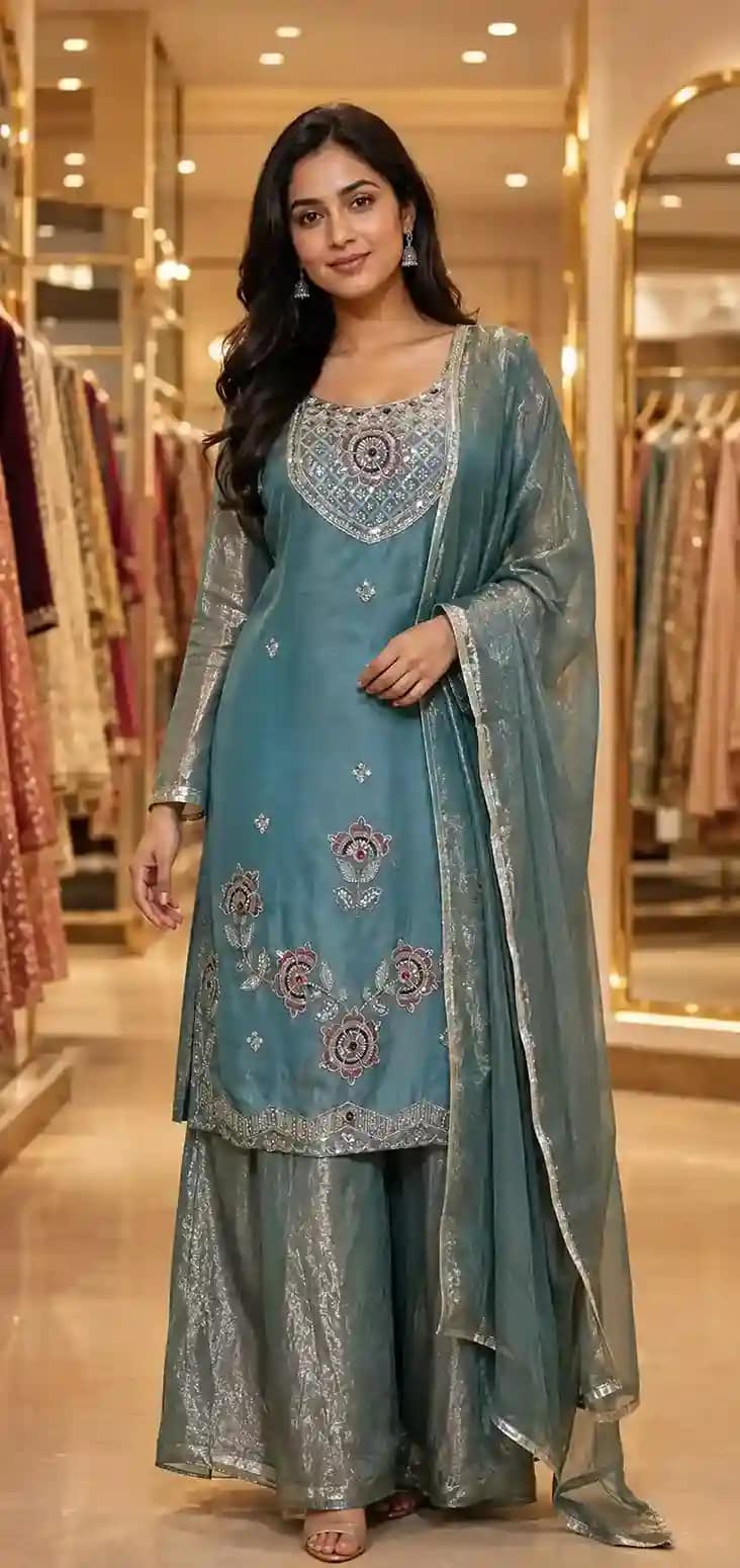 Embroidered Fendy Silk Kurti Sharara Set - Image 8