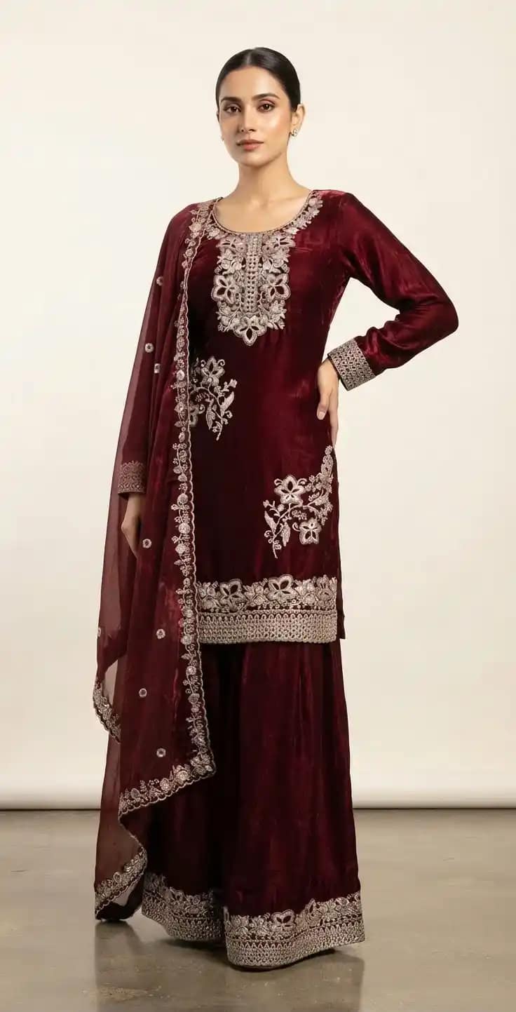 Elegant Teal Blue Fendy Silk Embroidered Sharara Suit Set