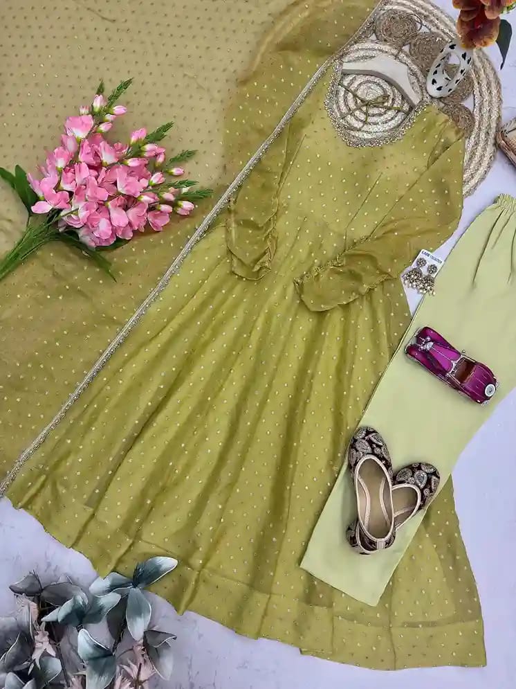 Moss Butti Silk Mirror Work Gown Set 2 Moss Butti Silk Mirror Work Gown Set - Image 2