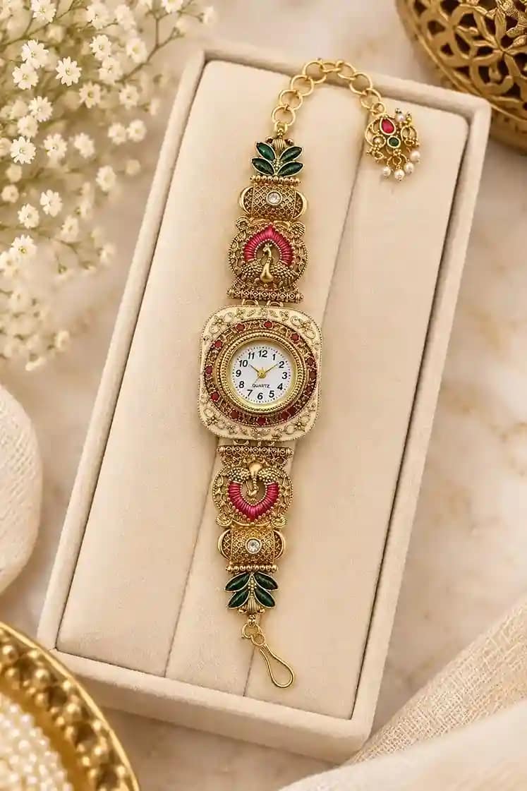 Traditional Gold-Tone Multicolour Stone Bracelet Watch
