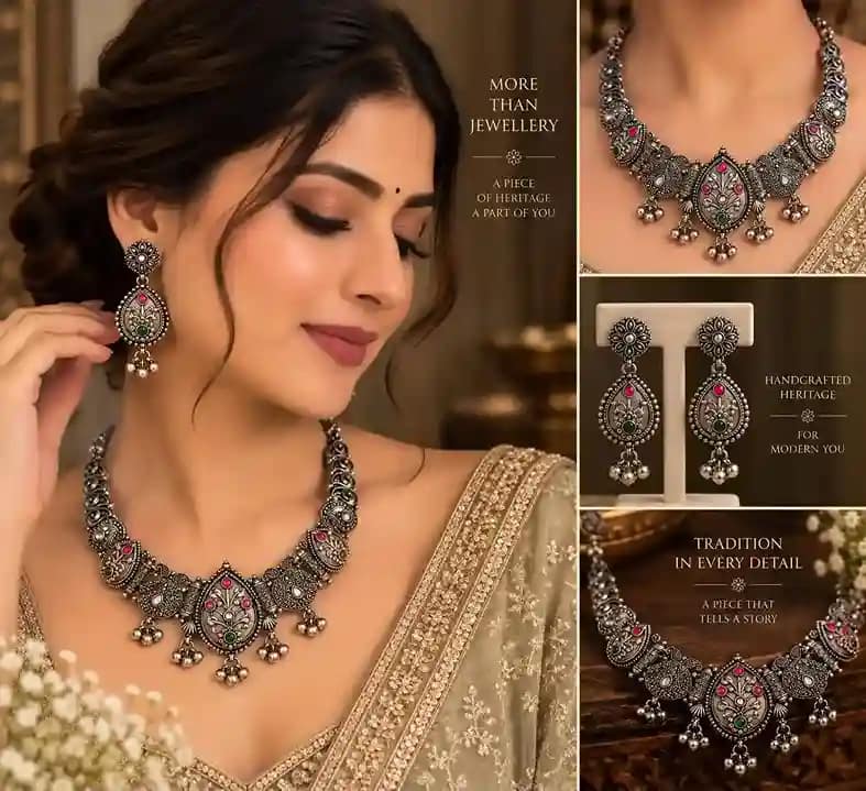 Premium Oxidised Silver Necklace & Earring Set - Image 12