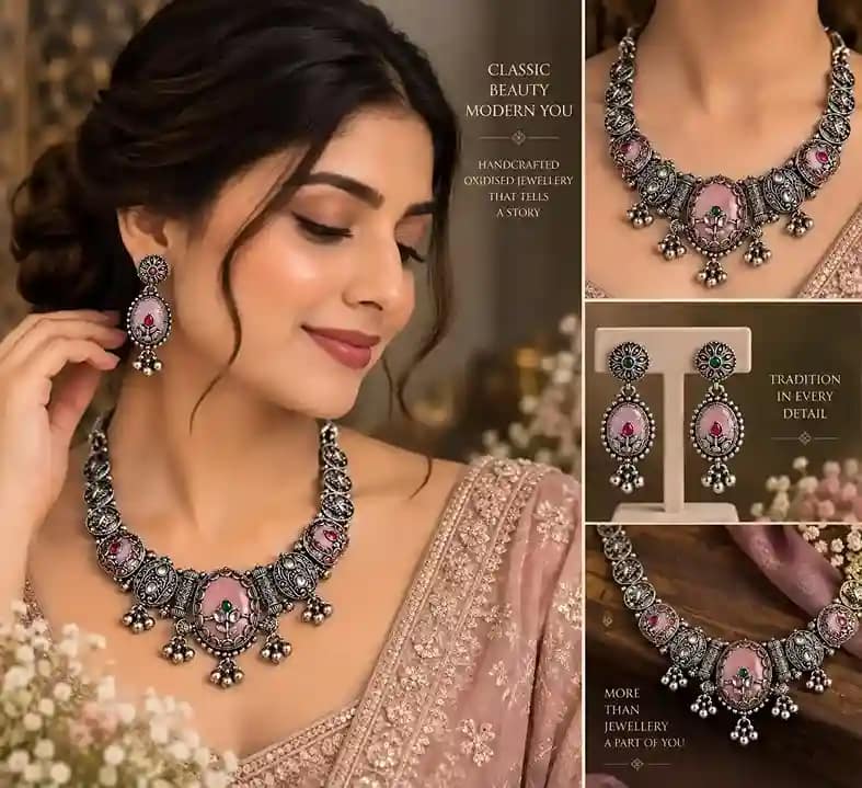 Premium Oxidised Silver Necklace & Earring Set - Image 10