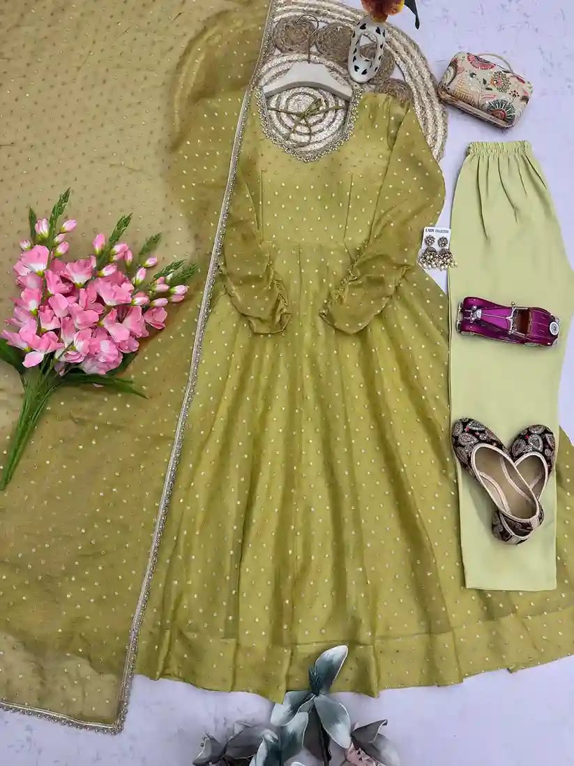 Moss Butti Silk Mirror Work Gown Set 12 Moss Butti Silk Mirror Work Gown Set - Image 12