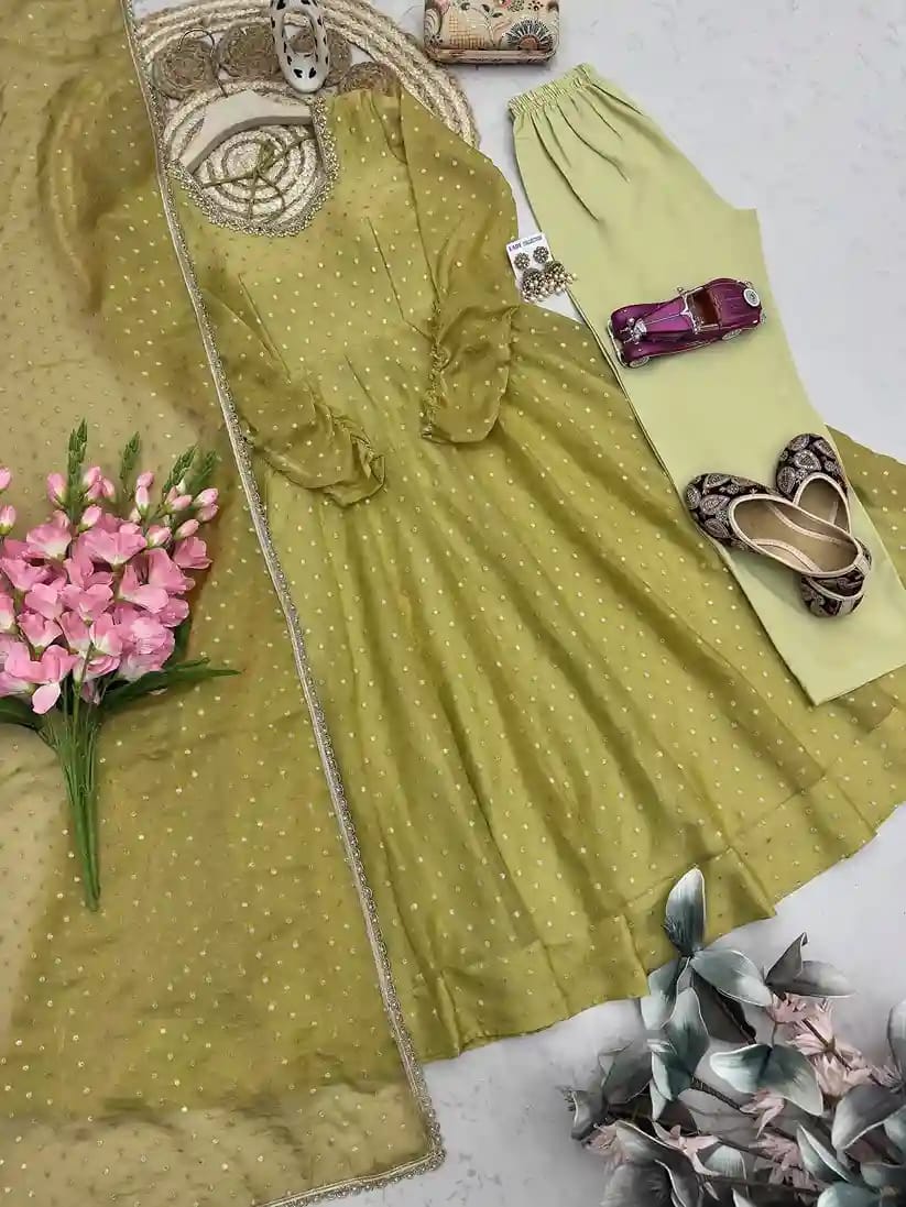 Moss Butti Silk Mirror Work Gown Set 11 Moss Butti Silk Mirror Work Gown Set - Image 11