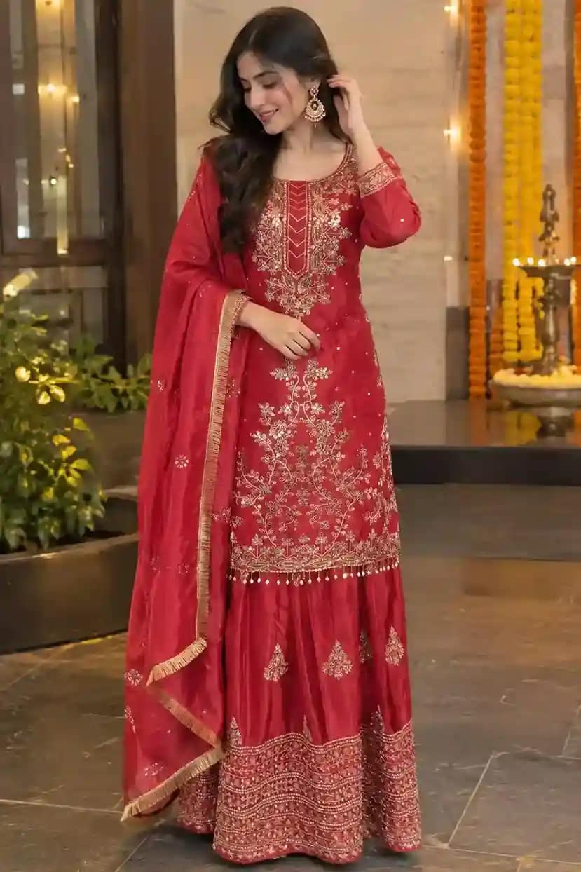 Red Bangalore Silk Kurta & Skirt Set 2 Red Bangalore Silk Kurta & Skirt Set - Image 2
