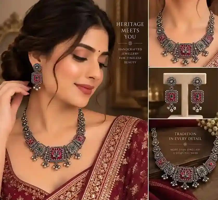 Premium Oxidised Silver Necklace & Earring Set - Image 13