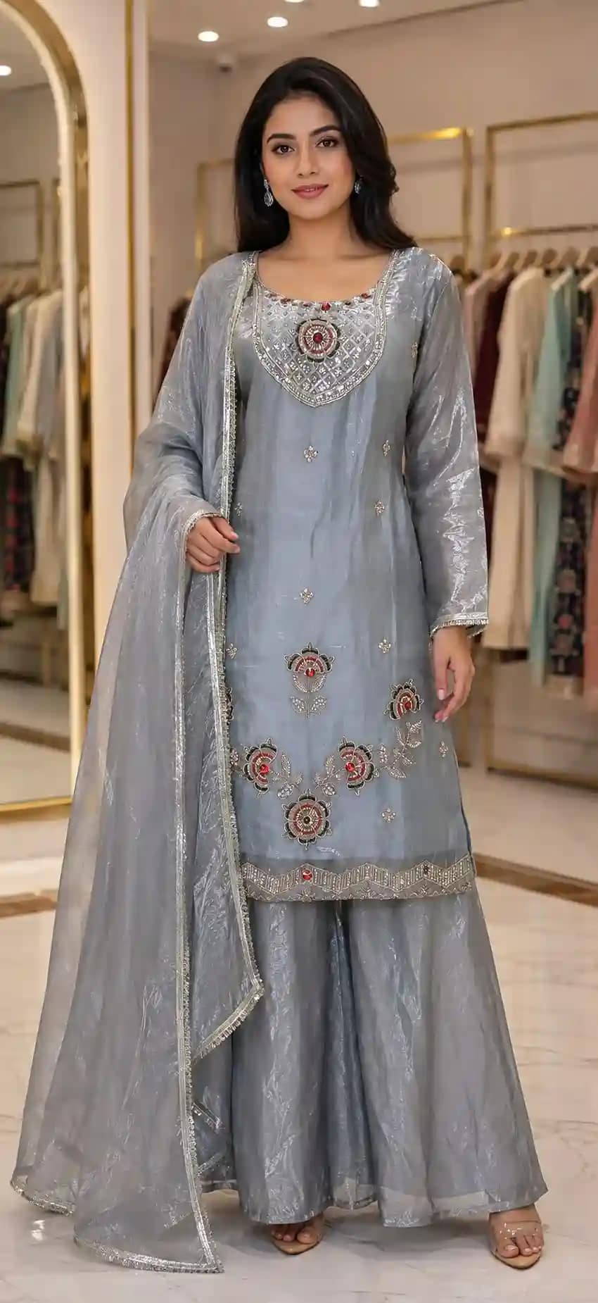 Embroidered Fendy Silk Kurti Sharara Set - Image 5