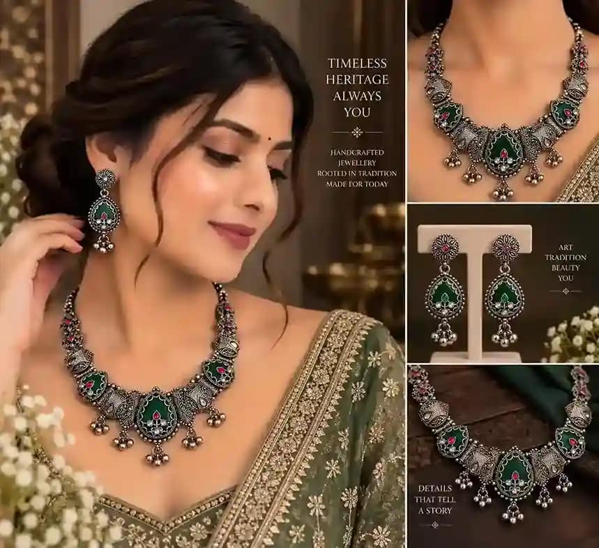Premium Oxidised Silver Necklace & Earring Set - Image 11