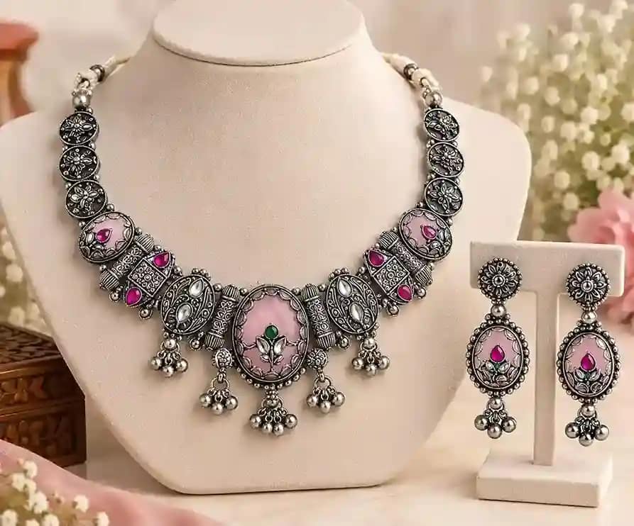 Premium Oxidised Silver Necklace & Earring Set - Image 16