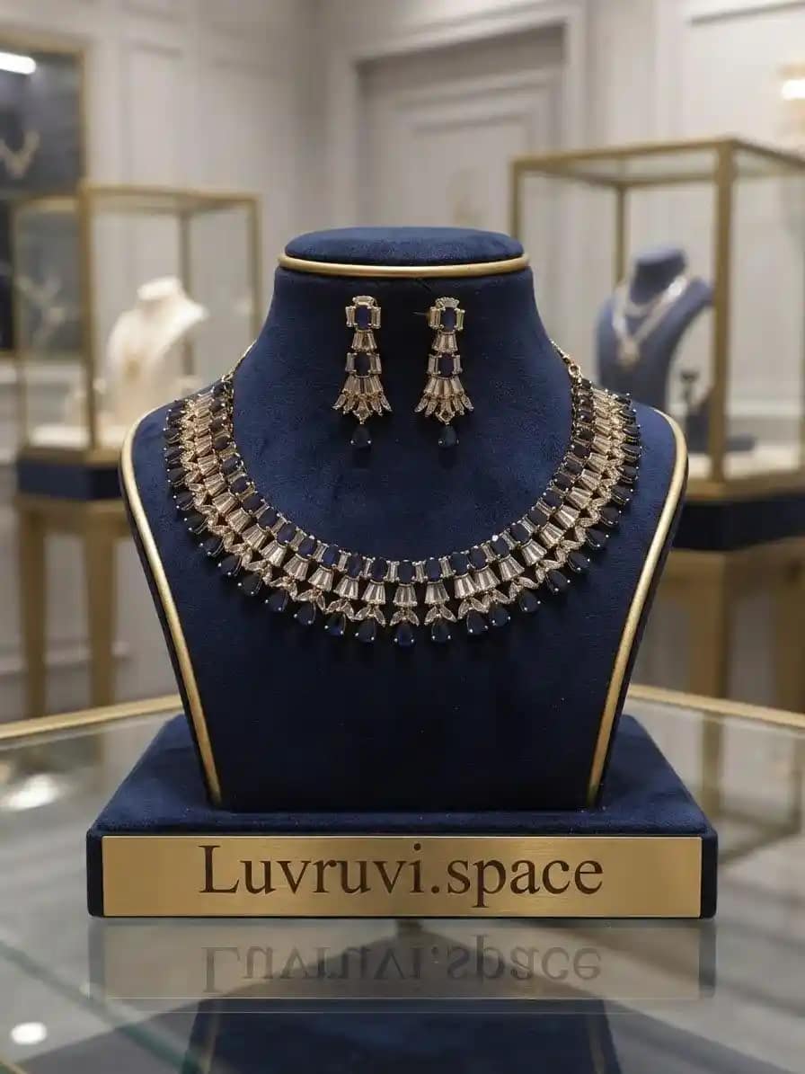 Elegant American Diamond & Sapphire-Tone Jewelry Set