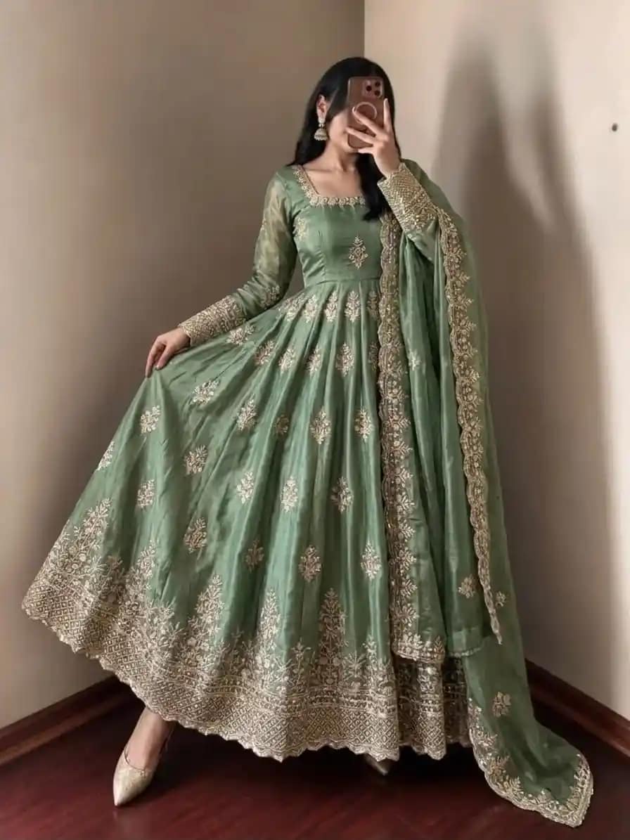 Designer Fendy Silk Gown with Sequin Embroidery Dupatta 1 Designer Fendy Silk Gown with Sequin Embroidery Dupatta