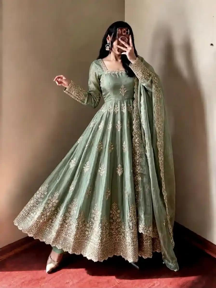Designer Fendy Silk Gown with Sequin Embroidery Dupatta 12 Designer Fendy Silk Gown with Sequin Embroidery Dupatta - Image 12