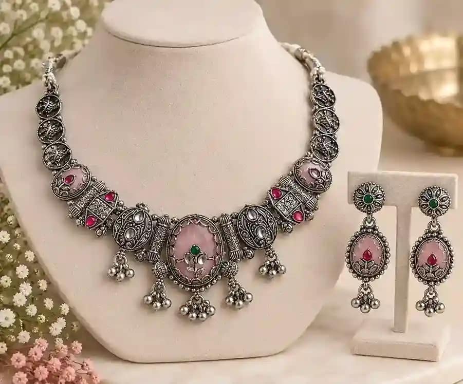 Premium Oxidised Silver Necklace & Earring Set